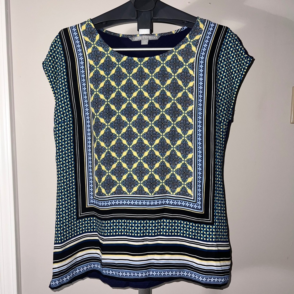 Valerie Stevens Womens Navy Blue Yellow Geometric Medallion Print Blouse M